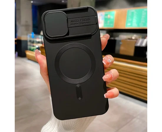 Силиконовый чехол "Lens Protection" with MagSafe со шторкой для iPhone 12 Pro Max Черный