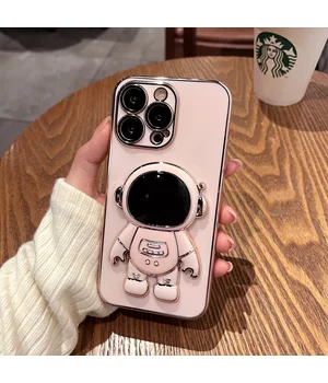 Силиконовый чехол "Космонавт" с подставкой для Apple iPhone 14 Pro Пудро-розовый
