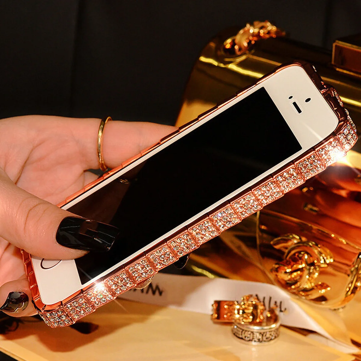 Rose Gold алюмінієвий бампер зі стразами "Королівський" для iPhone 5 / 5S / SE