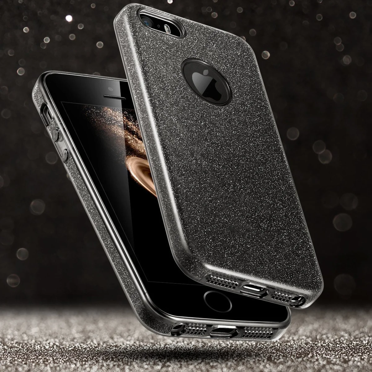 Чехол с блестками "Dazzling shine" силиконовый для iPhone 5/5S/SE черный