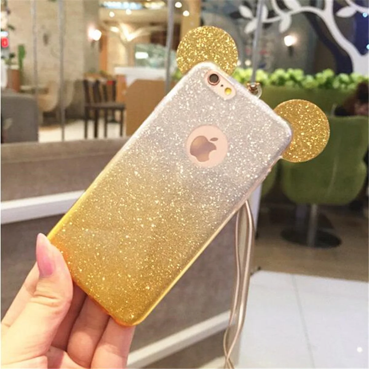 Чехол с блестками "Микки Маус" силиконовый для iPhone 6/6S желтый градиент