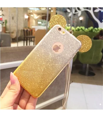 Чехол с блестками "Микки Маус" силиконовый для iPhone 6/6S желтый градиент