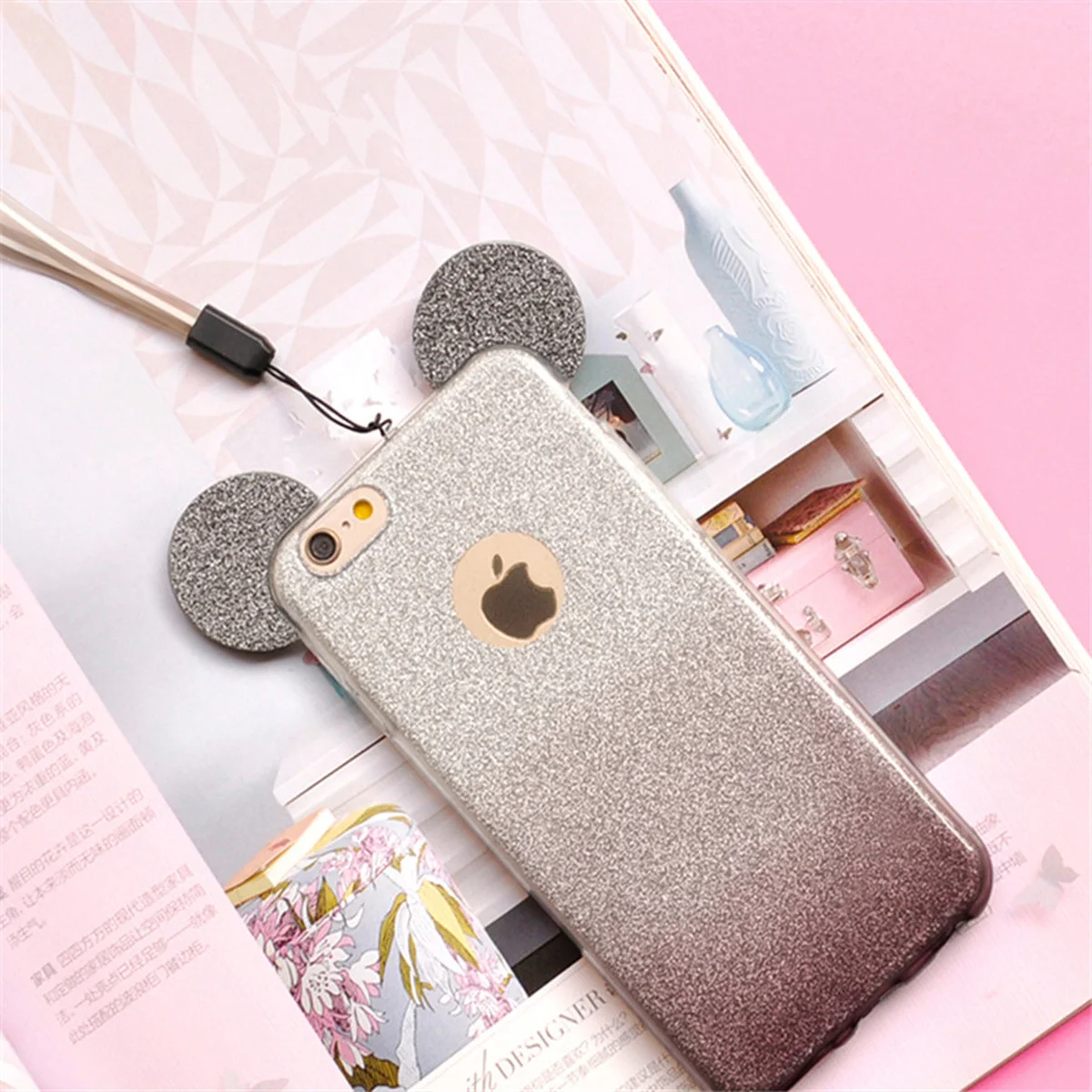 Чехол с блестками "Микки Маус" силиконовый для iPhone 6/6S черный градиент