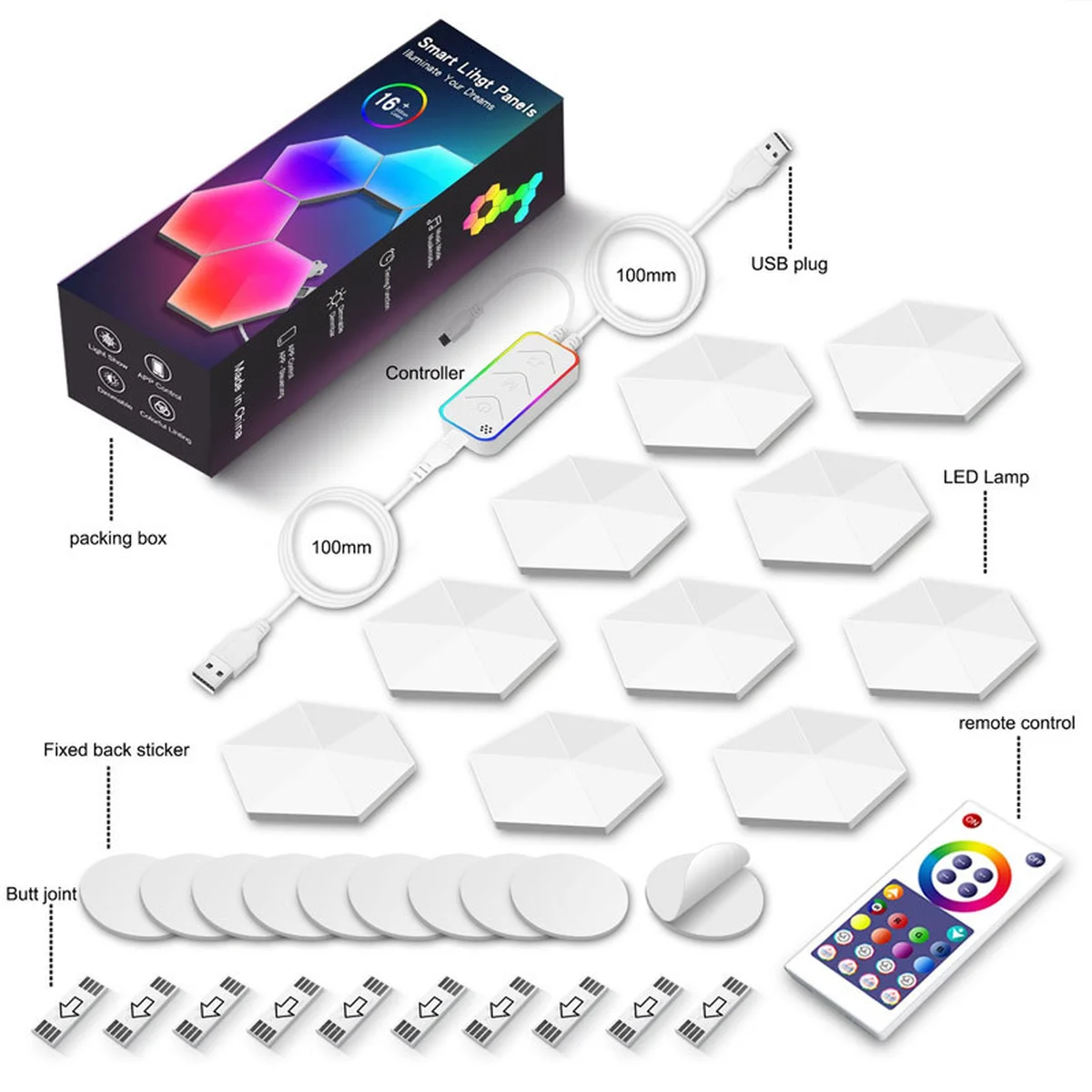 Модульный настенный светильник LED RGB 5V соты SAL-011B 10pcs Bluetooth USB with app White