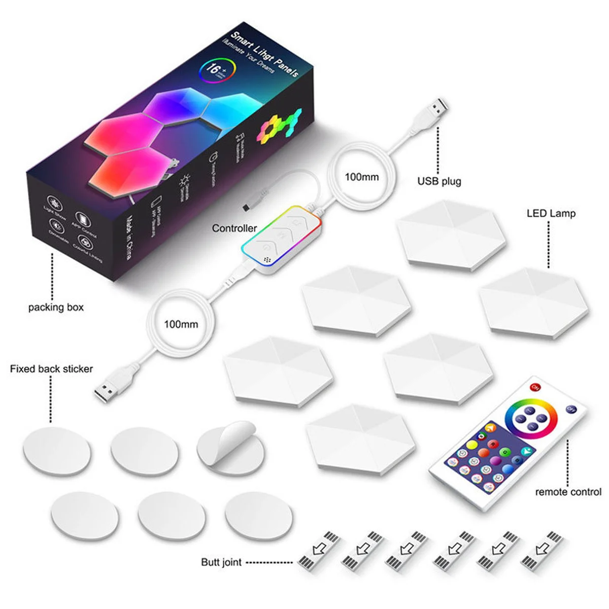Модульный настенный светильник LED RGB 5V соты SAL-011B 6pcs Bluetooth USB with app White