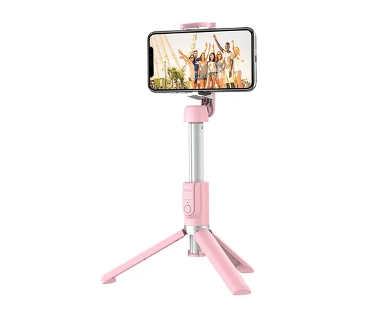 Монопод для селфи Hoco K11 с треногой + съемный BT пульт Розовый
