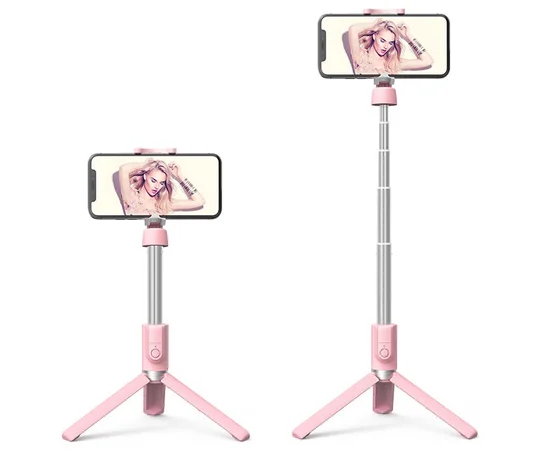 Монопод для селфи Hoco K11 с треногой + съемный BT пульт Розовый