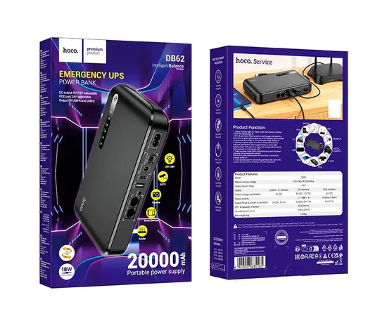 Источник бесперебойного питания Hoco DB62 Smart Mini UPS для роутеров 5V/9V/12V 20000 mAh Black