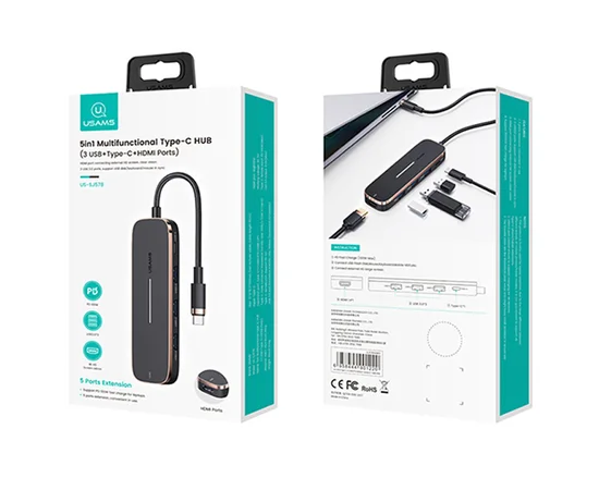 Переходник HUB Usams US-SJ578 5in1 Multifunctional (Type-C to 3USB+Type-C+HDMI ports) Black