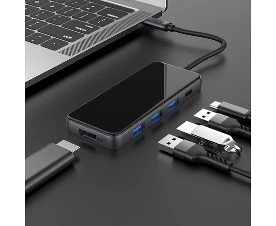 Переходник HUB Hoco HB15 Type-C to USB3.0+HDMI+PD Серый