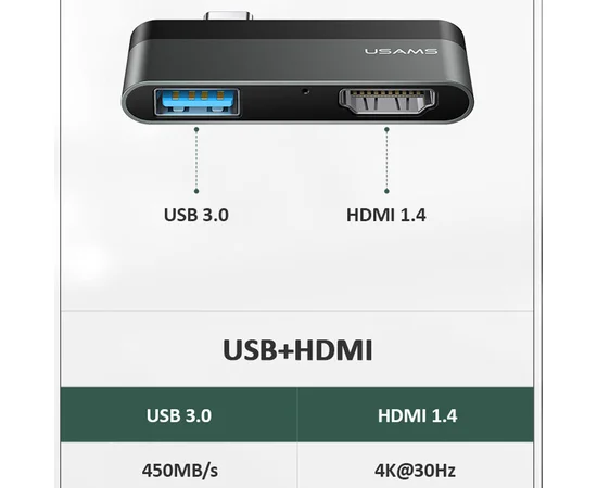Переходник HUB Usams US-SJ462 Type-C Mini Hub (USB + HDMI) Серый