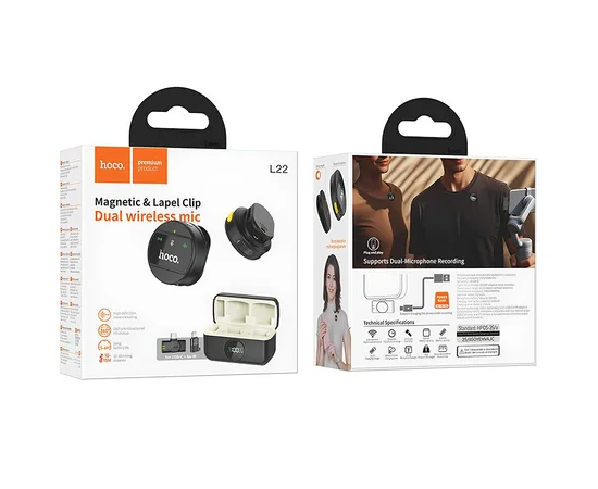 Петличный беспроводной микрофон Hoco L22 Bright 2in1 (Lightning/Type-C) Black