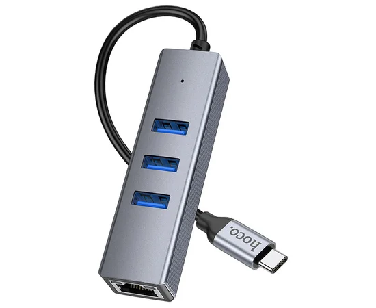 Переходник HUB Hoco HB34 Easy link Type-C Gigabit network adapter (Type-C to USB3.0*3+RJ45) Metal gray