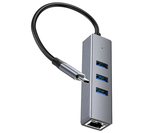 Переходник HUB Hoco HB34 Easy link Type-C Gigabit network adapter (Type-C to USB3.0*3+RJ45) Metal gray