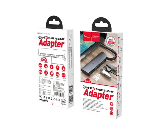 Переходник HUB Hoco HB17 Type-C to USB3.0*3+SD+TF Серый