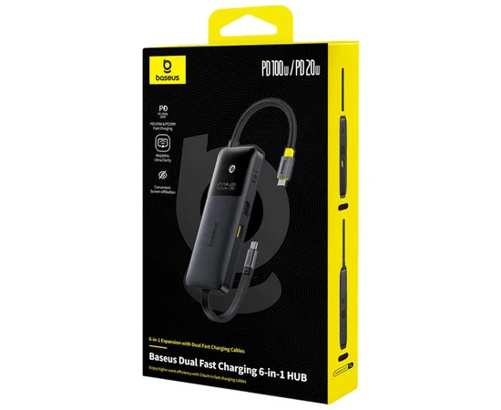 Переходник HUB Baseus OS Dual Fast Charging 6in1 (Type-C to HDMI4K@60Hz+2xUSB-A+3xUSB-C) (B0007090) Cosmic Black