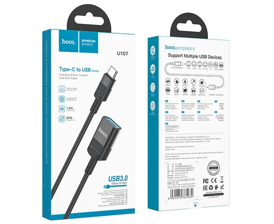 Переходник Hoco U107 Type-C male to USB female USB3.0 Black