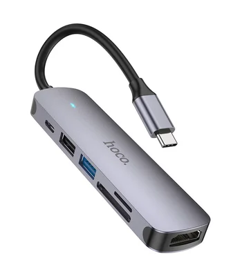Переходник Hoco HB28 Multi-function 6in1 (Type-C to HDTV+USB3.0+USB2.0+SD+TF+PD) Metal gray
