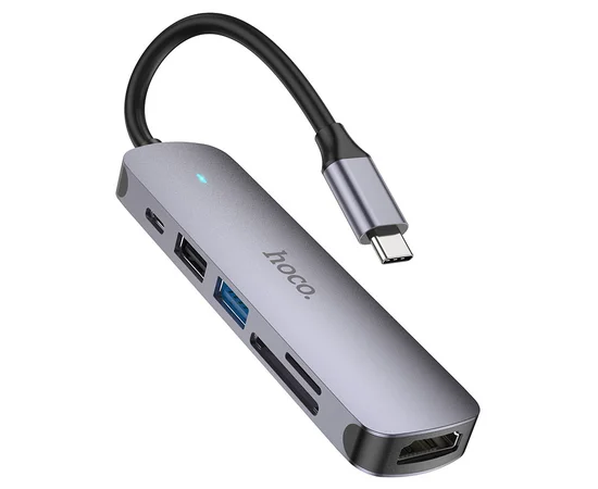 Переходник Hoco HB28 Multi-function 6in1 (Type-C to HDTV+USB3.0+USB2.0+SD+TF+PD) Metal gray