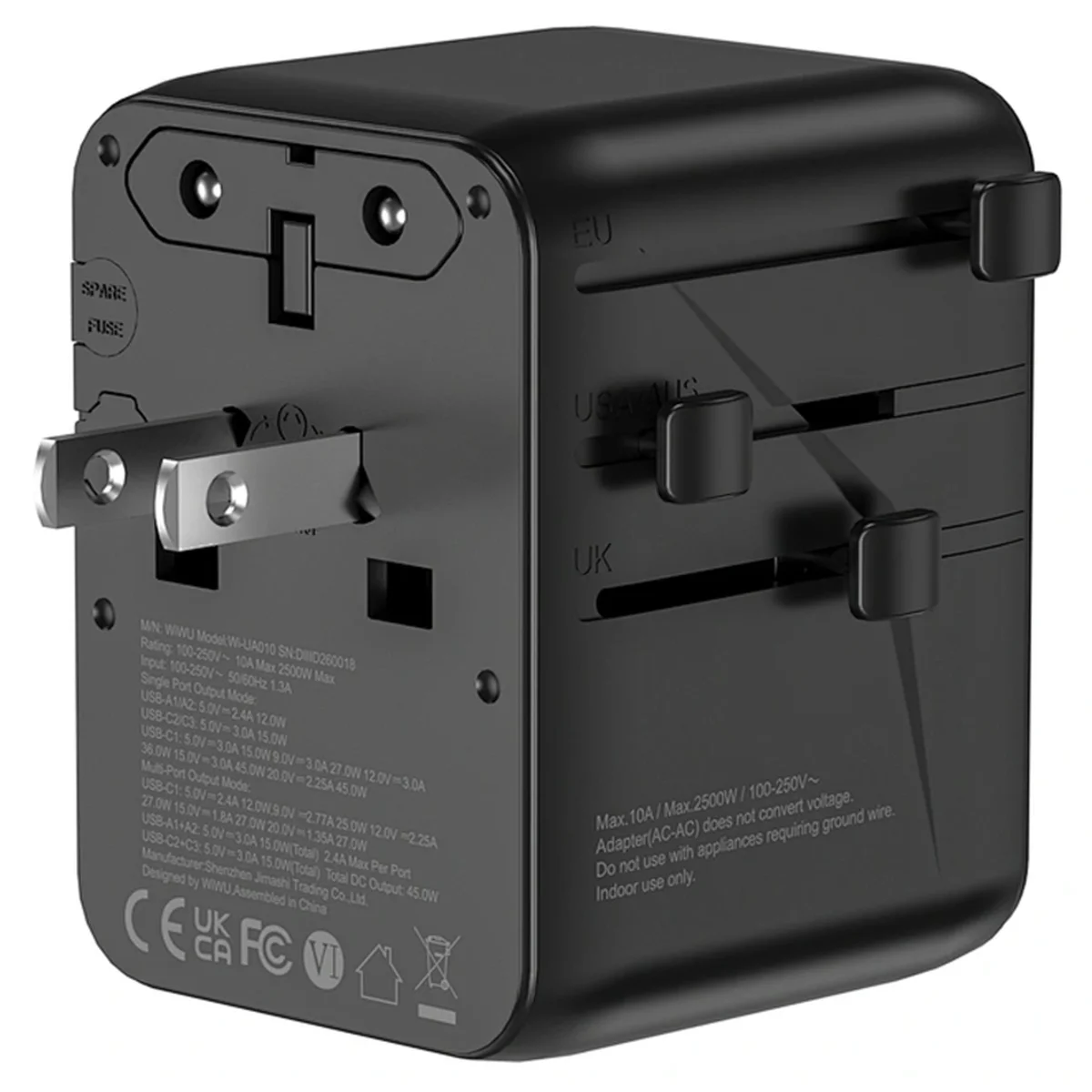 Сетевой универсальный переходник WIWU UA010 Warrior GaN 45W + 2USB-A/3C Black