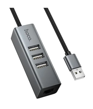 Перехідник HUB Hoco HB1D USB to USB2.0*3+RJ45 Metal gray