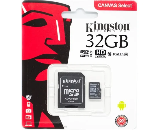 Карта памяти Kingston microSDHC 32 GB Card Class 10 + SD adapter Черный