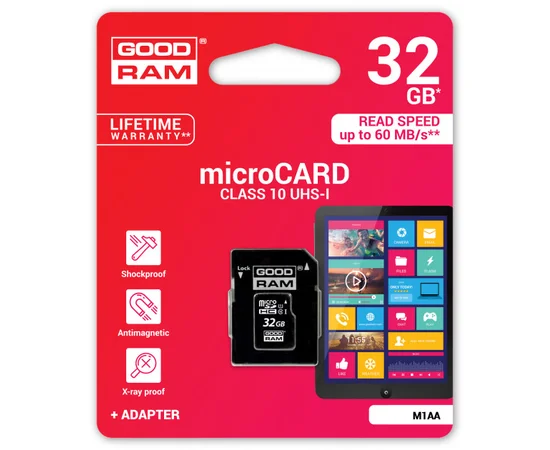 Карта памяти GoodRam microSDHC UHS-1 32 GB Class 10 + SD adapter (M1AA-0320R12) Черный