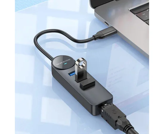 Переходник Borofone DH6 Erudite 4in1 Gigabit Ethernet (Type-C to USB3.0*3+RJ45) (0.2m) Black