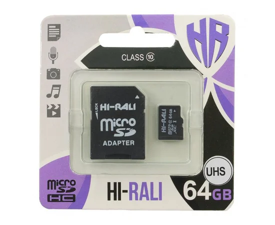 Карта памяти Hi-Rali microSDXC (UHS-1) 64 GB Card Class 10 с адаптером Черный