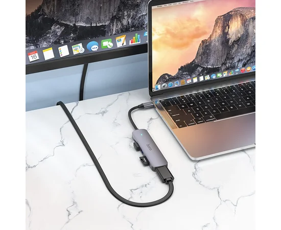 Переходник Hoco HB28 Multi-function 6in1 (Type-C to HDTV+USB3.0+USB2.0+SD+TF+PD) Metal gray