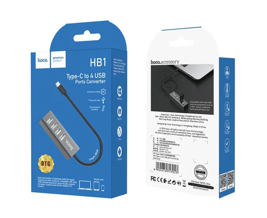 Переходник HUB Hoco HB1 USB 4 port (1m) Стальной
