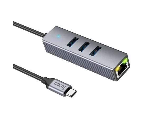 Переходник HUB Hoco HB34 Easy link Type-C Gigabit network adapter (Type-C to USB3.0*3+RJ45) Metal gray
