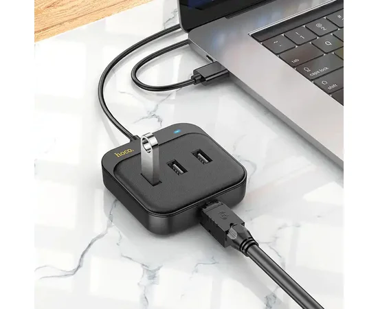 Переходник HUB Hoco HB35 Easy link 4-in-1 Gigabit Ethernet Adapter (USB to USB3.0*3+RJ45) (L=0.2M) Черный
