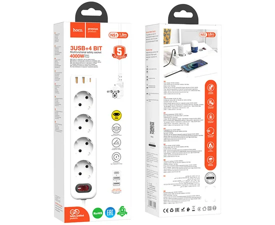 Удлинитель Hoco NS1 Aura PD20W (2USB/1Type-C/4xSocket) White