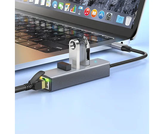 Переходник HUB Hoco HB34 Easy link Type-C Gigabit network adapter (Type-C to USB3.0*3+RJ45) Metal gray