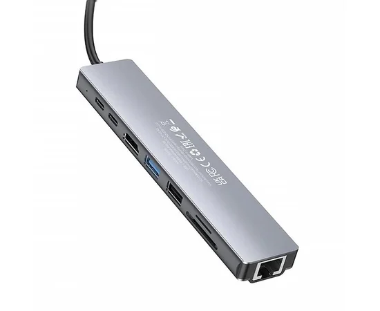 Переходник HUB Hoco DUP09 (Type-C to HDMI+USB 3.0+USB 2.0+2xType-C+SD/TF) Silver