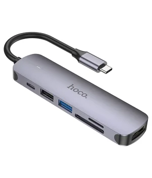 Переходник Hoco HB28 Multi-function 6in1 (Type-C to HDTV+USB3.0+USB2.0+SD+TF+PD) Metal gray
