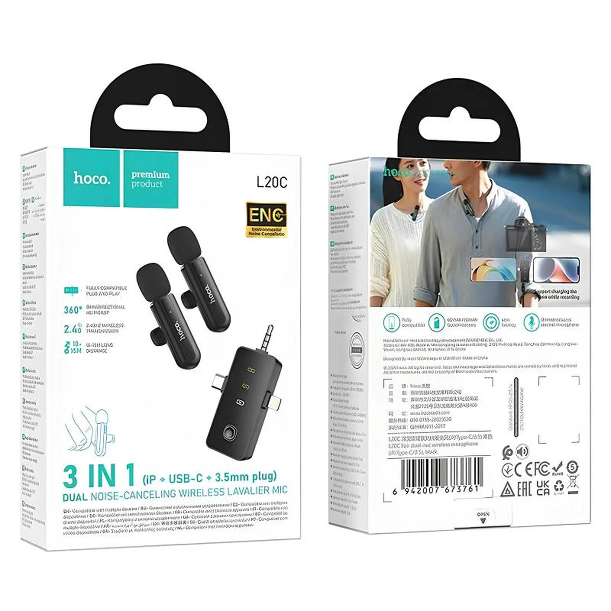 Петличный беспроводной микрофон Hoco L20C Fair dual-mic 3in1 (Lightning/Type-C/3.5) Black