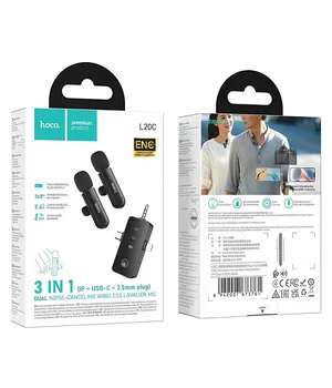 Петличный беспроводной микрофон Hoco L20C Fair dual-mic 3in1 (Lightning/Type-C/3.5) Black