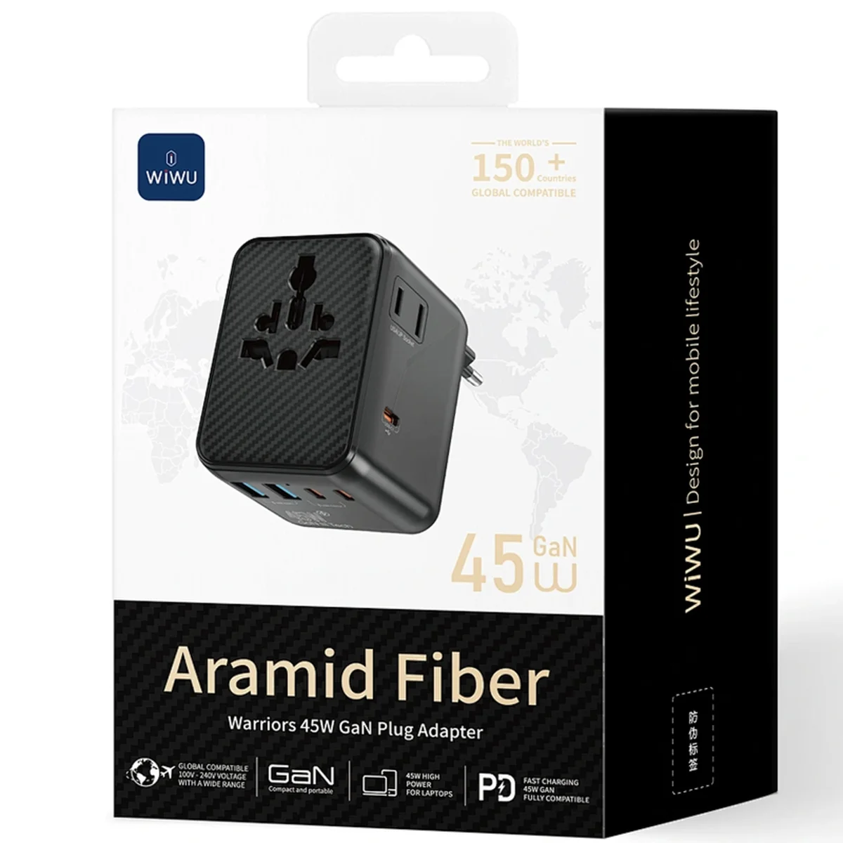 Сетевой универсальный переходник WIWU UA010 Warrior GaN 45W + 2USB-A/3C Black