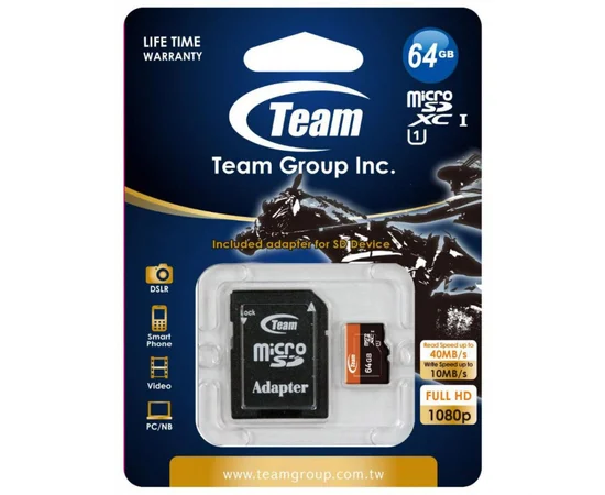Карта памяти Team microSDXC UHS-1 64 GB Class 10 + SD adapter Черный / Оранжевый