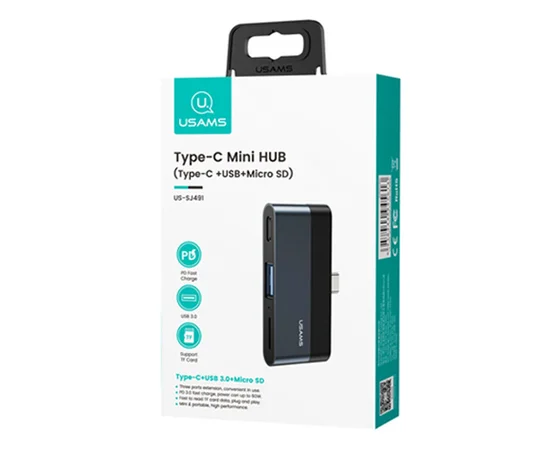 Переходник HUB Usams US-SJ491 Type-C Mini Hub (Type-C + USB + Micro SD) Темно-серый