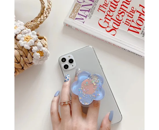 Держатель для телефона круглый (liquid shine) Цветок/Синий