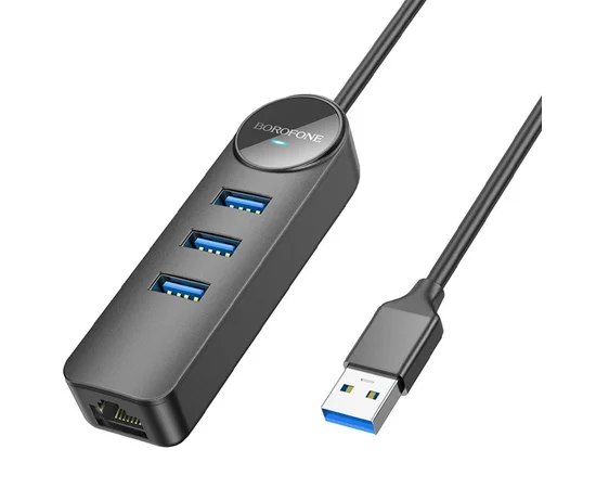 Переходник Borofone DH6 Erudite 4in1 Gigabit Ethernet (USB to USB3.0*3+RJ45) (0.2m) Black