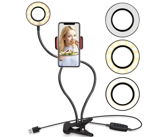 Кольцевая LED-лампа 2в1 с держателем для телефона (прищепка) Черный