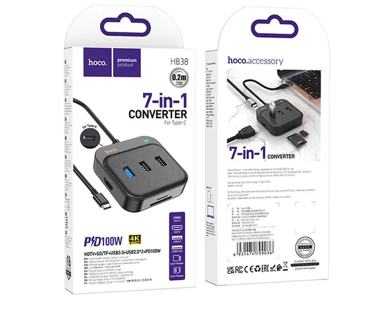 Переходник HUB Hoco HB38 Easy link 7-in-1 Multiport Adapter(HDTV+SD/TF+USB3.0+USB2.0*2+PD100W) Black
