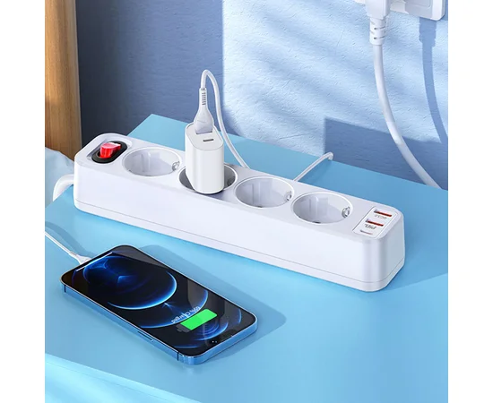 Удлинитель Hoco NS1 Aura PD20W (2USB/1Type-C/4xSocket) White