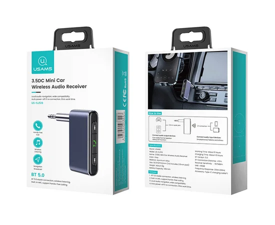 Bluetooth ресивер USAMS US-SJ519 3.5DC Mini Car Wireless Audio Receiver BT5.0 Серый