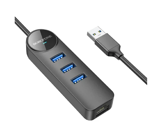 Переходник Borofone DH6 Erudite 4in1 Gigabit Ethernet (USB to USB3.0*3+RJ45) (0.2m) Black