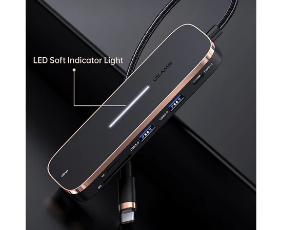 Переходник HUB Usams US-SJ575 6in1 Multifunctional (Type-C to 2USB+Type-C+Micro SD+SD+HDMI ports) Black